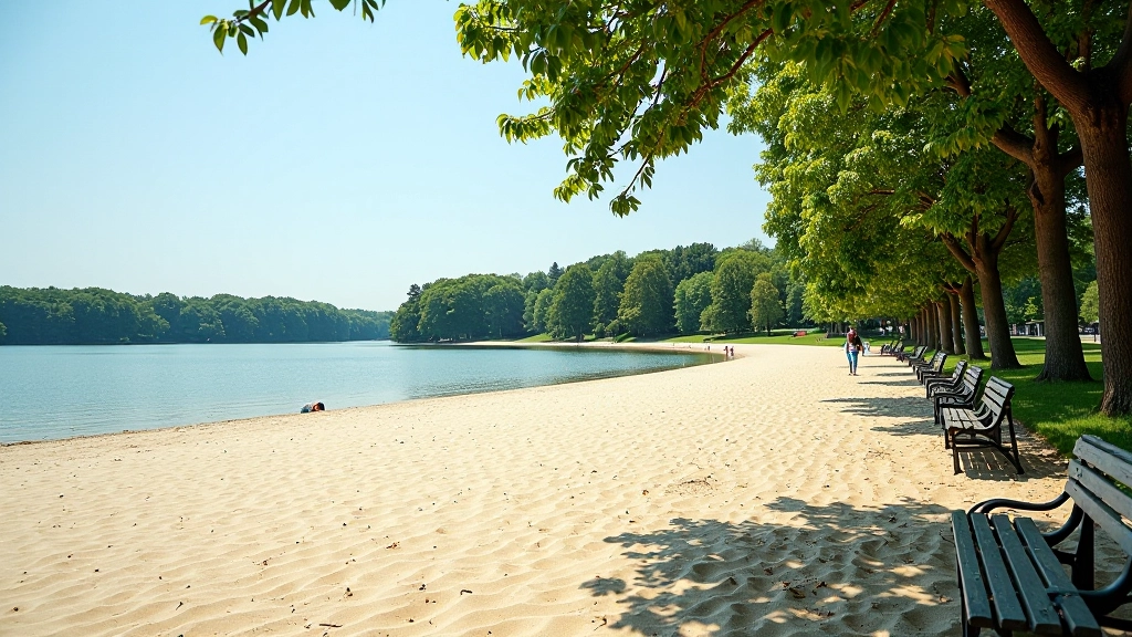 Paplūdimio zona prie ežero su smėliu, suolais ir medžiais, atostogų nuotrauka