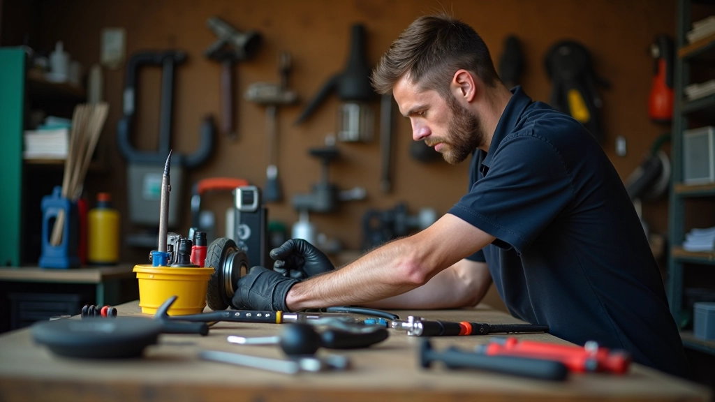 Dviračio priežiūra ir naudinga įranga, mechaniko darbo stalas su įrankiais